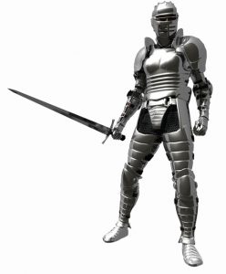 Knight in shining Medieval Armour holding a sword, 3d digitally rendered illustration